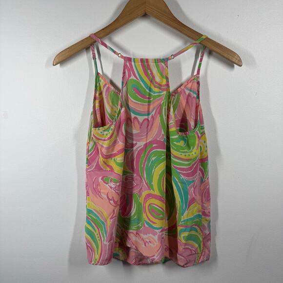 Lilly Pulitzer Tank Women Size L Pink Green Flamingo 100% Silk Adjustable Straps - Picture 2 of 8